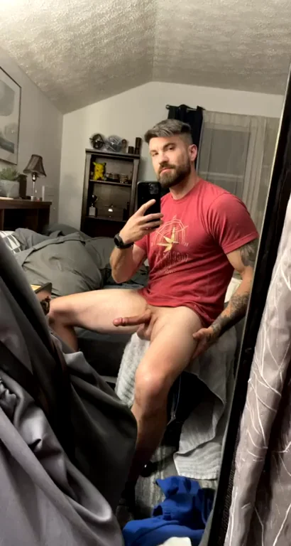 Hot Stud's Workout Tease: Thick Cock Out in Red Tee