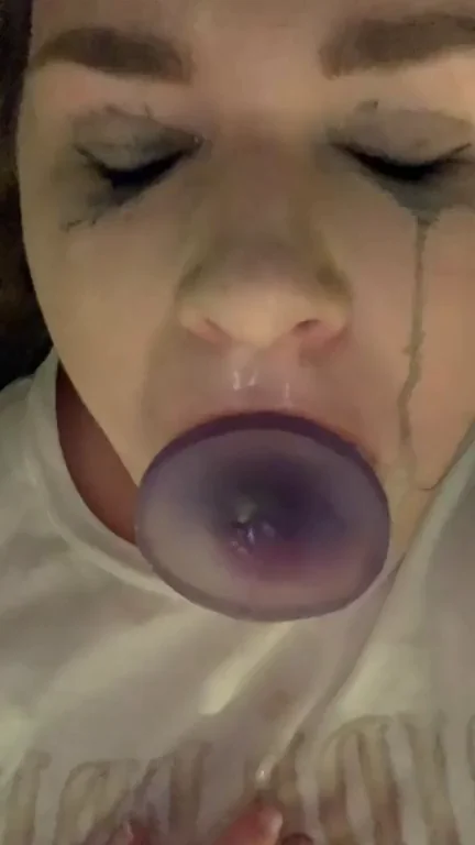 Ruined Slut Deepthroats Massive Purple Dildo with Messy Spit