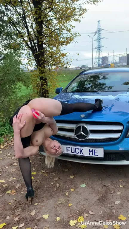 Roadside Slut Begs 'FUCK ME' While Pounding Pussy with Pink Dildo on Blue Mercedes 😈🚗💦