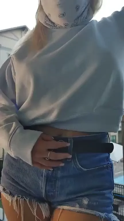 Balcony Tease: Flashing Tits & Ass in Tiny Denim Shorts 😈🔥