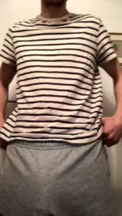 Surprise Dick Drop: Thick Bulge Tease in Striped Tee & Gray Sweats