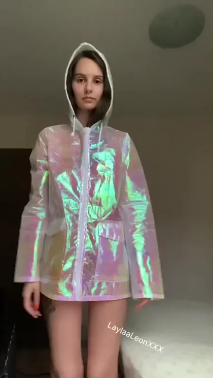 Silly Slut Drops Titties & Pussy in Shiny Iridescent Raincoat 😈💦