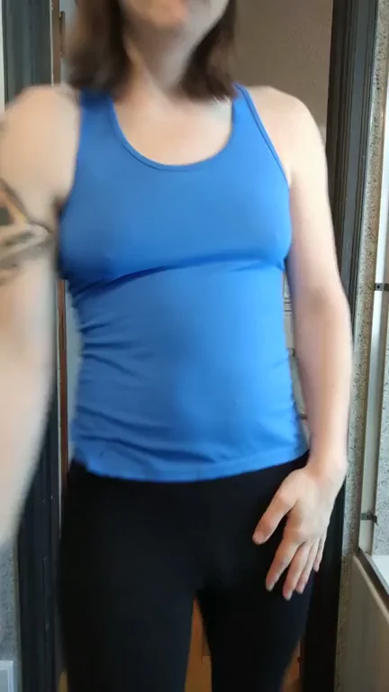 Trans Hottie's Teasing Striptease: Blue Tank to Bare Curves Weekend Kickoff!