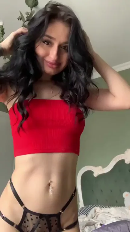 Naked TikTok Slut Teasing in Red Crop Top and Lace Thong