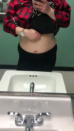 Workday Tease: Busty MILF's Plaid Top Belly Flash in the Office Loo