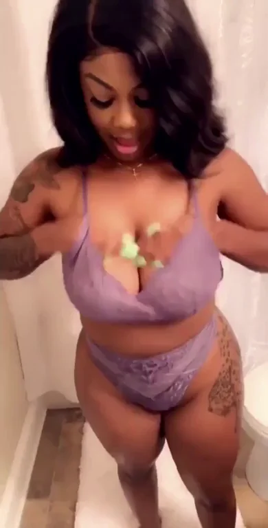 Diamond Boobs: Ebony Bombshell Teases Massive Tits in Purple Lace