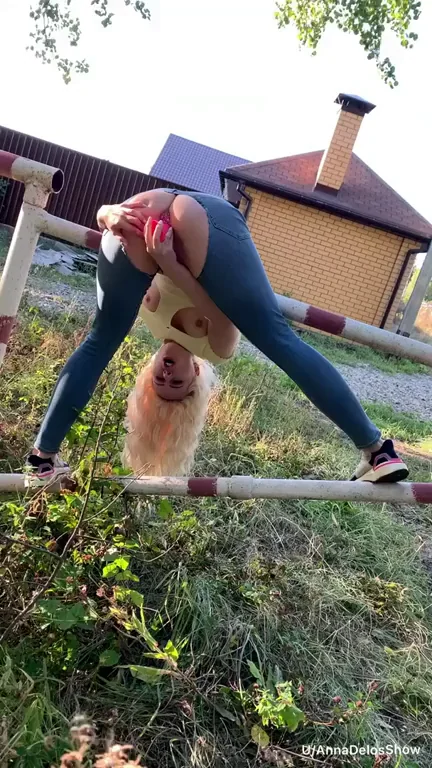 Blonde Slut Masturbates Upside Down Outdoors Near House 🏠🔥🍆