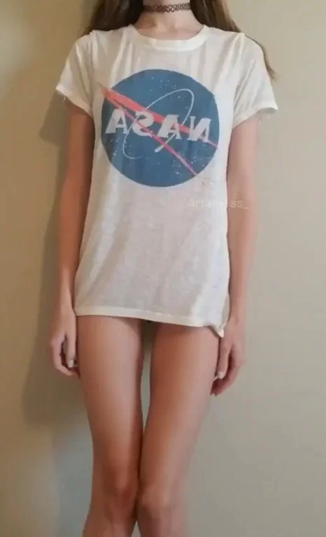 Petite Slut's NASA Tee Tease: Bare Pussy Surprise Drop