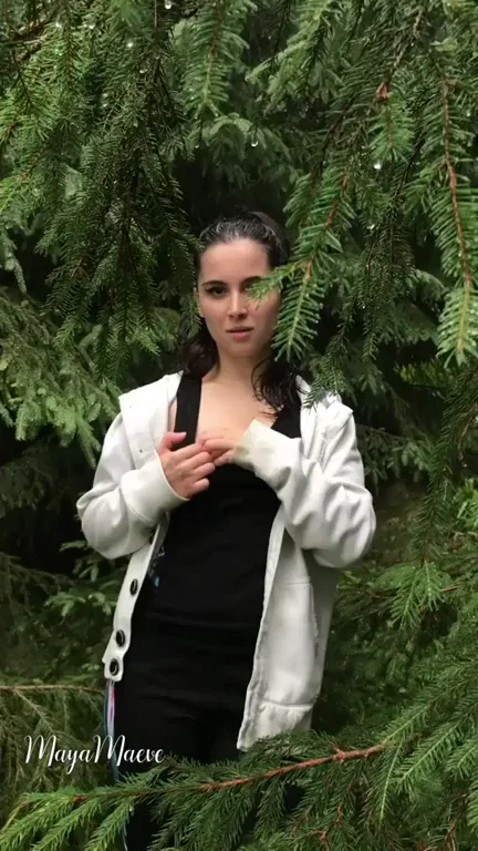 Petite Brunette Teases Soaking Wet Flash Behind the Tree with Friends Watching
