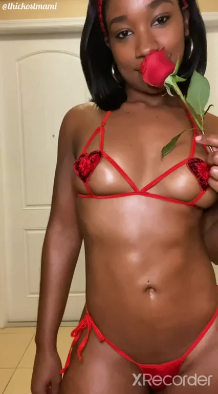 Thick Ebony Baddie Teases with Rose & Oily Ass Twerk in Slingshot Thong