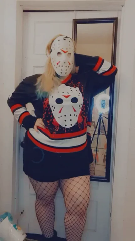 Thick Jason Mask Slut Teases in Fishnets & Hockey Jersey