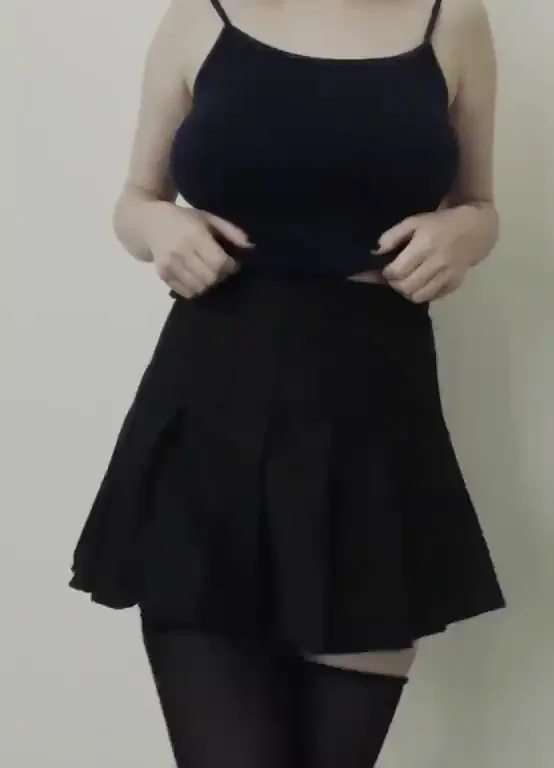 Cute Babe's Massive Titty Drop in Black Mini Skirt