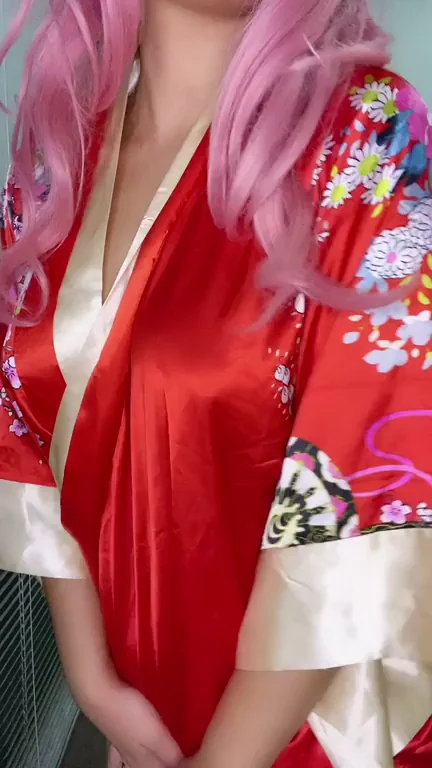 Pink-Haired Asian Bombshell's Kimono Titty Drop Tease