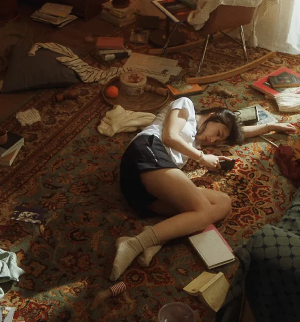 Joy's Messy Floor Tease in Tiny Shorts