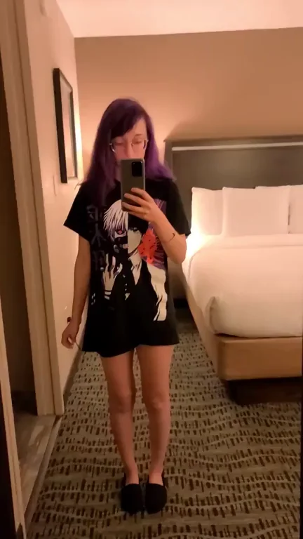 Tokyo Ghoul Tease: Purple-Haired Geek Girl Strips Down in Hotel Room