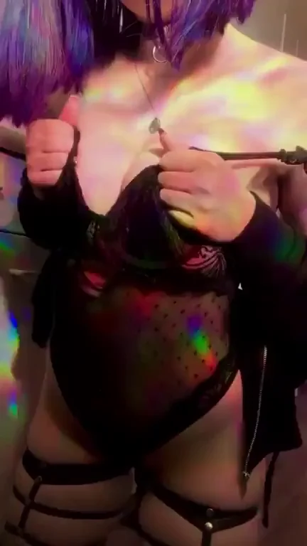 Purple-Haired Goth Slut's Rainbow Boob Tease