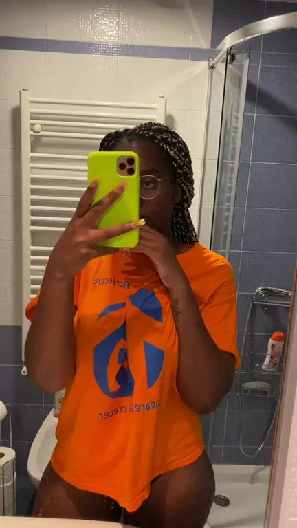 (F19) This Slutty Orange Tee to Uni? Big Tits Tease in Bathroom Mirror 💦🍑