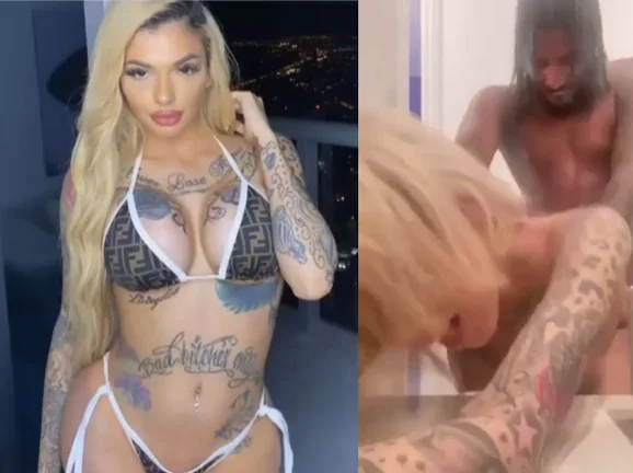 Tattooed Blonde Bimbo Twerks Ass in Black Thong Bikini for BBC Stud