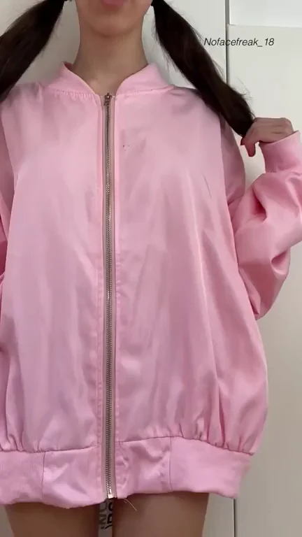 Petite Cutie Rocks Oversized Pink Jacket, Flashes Massive Surprise Tits