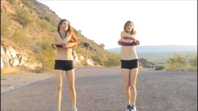 Double Vision 🥵🔥 Twin Sluts Stripping on Desert Road