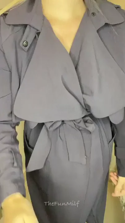 Office Slut MILF Teases Her Huge Tits Under Trench Coat 😈👅