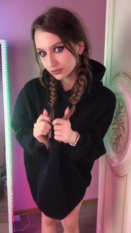 Hip Cleavage Tease: Pigtail Cutie Flashes Her Slutty Curves First Time