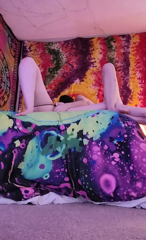 Slutty Goth Chicks Rubbing Wet Pussies on Psychedelic Bed 😈💦👅