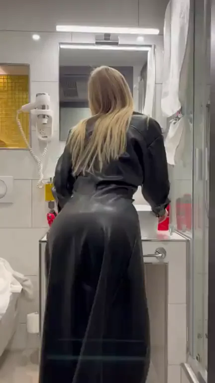 Public Walk Tease in Shiny Leather Slit Dress? 😈🍑