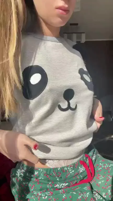 Cute Blonde's Perky Titty Drop Tease in Panda Hoodie