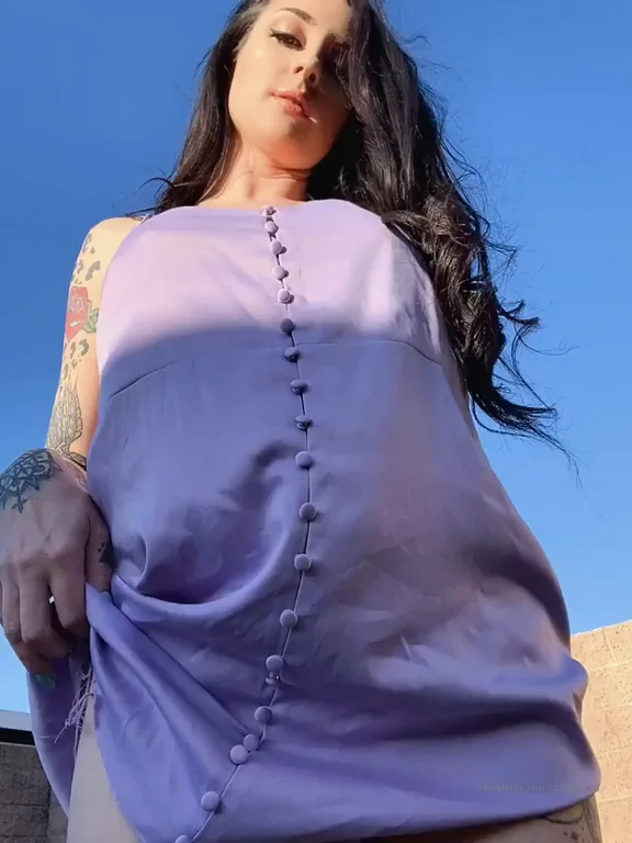 Tattooed Slut Teases Pussy Rating in Sheer Purple Dress