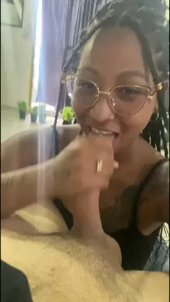 Ebony Babe in Glasses Sucks Pink Dildo Tease 😍🍆💦