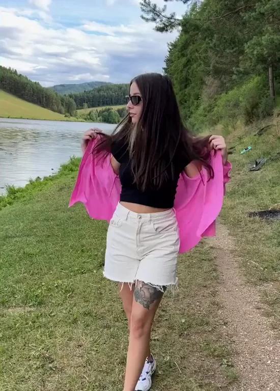 Pink Nipple Tease in Public Woods 😈🌳💕