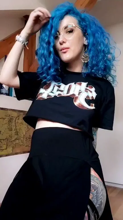 Blue-Haired Alt Slut Teasing with Thigh-High Slit Skirt and Garters