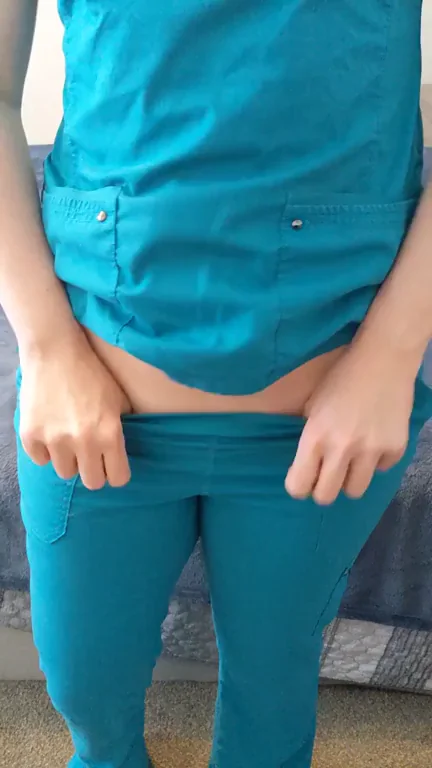 Nurse Slut Ditches the Scrub Bottoms – Full Pussy Reveal for Horny Fans