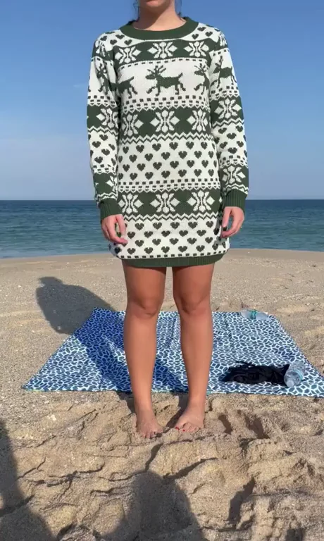 🤤❤️ Naughty Reindeer Sweater Slut Flashes Pussy on Beach 🏖️🔥