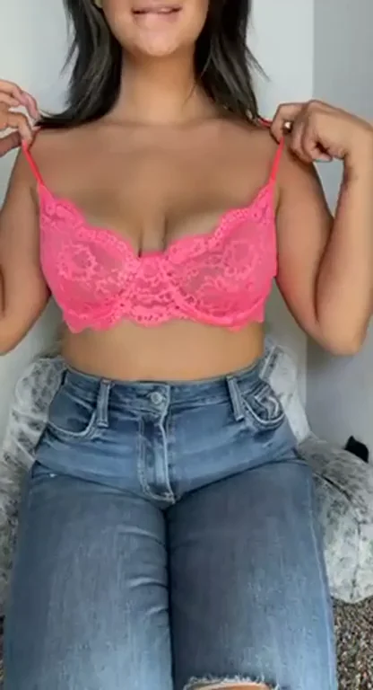Pink Lace Bra Tease 💕 Boobs Bouncing for Your Floor 😈