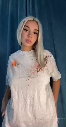 Blonde Bombshell Begs for Your Hot Load in Cum-Stained Tee