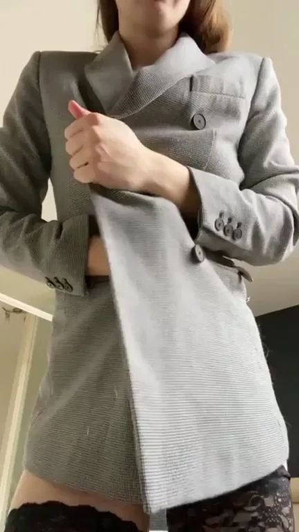 🔥 Slutty Stacked Office Babe Teasing in Gray Blazer & Lace 😈