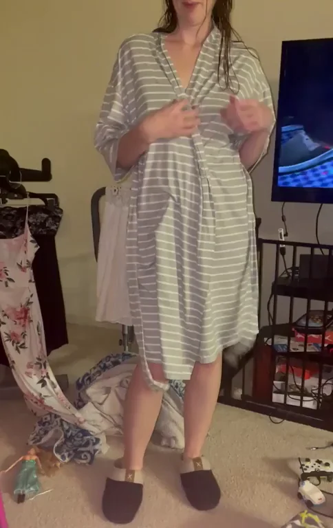Tits Are My Best Asset: Curvy MILF Teases in Striped Nightie
