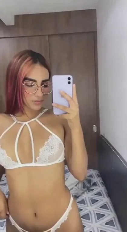 Dreamy Pink-Haired Teen Slut Teases in Lacy White Lingerie