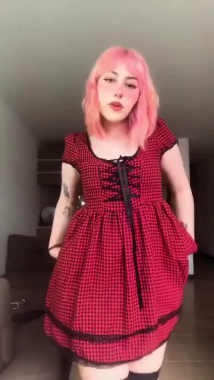 Pink-Haired Slut Teases Her Massive Tits and Juicy Booty in Red Dress
