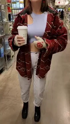 Risky Grocery Store Tit Flash with Coffee in Hand