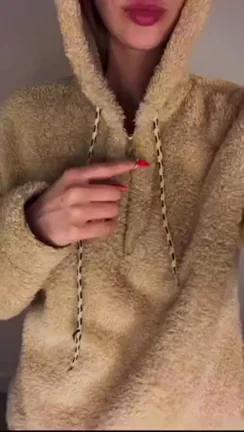 Naughty Wife in Fuzzy Hoodie Teases Her Massive Tits 💦🐻