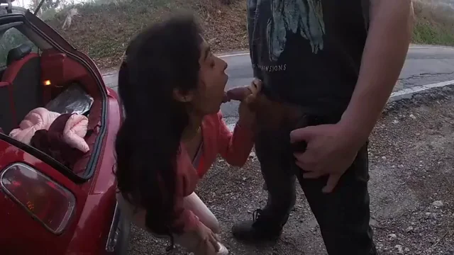Petite Slut Sucks Cock by Red Car on Public Street 🔥🍆