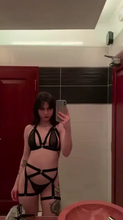 Pale Goth Slut's White Skin Glows in Sexy Black Lingerie Suit 🔥👗