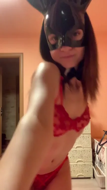 Crimson Bunny Tease: Masked Seductress Unveils Slutty Curves