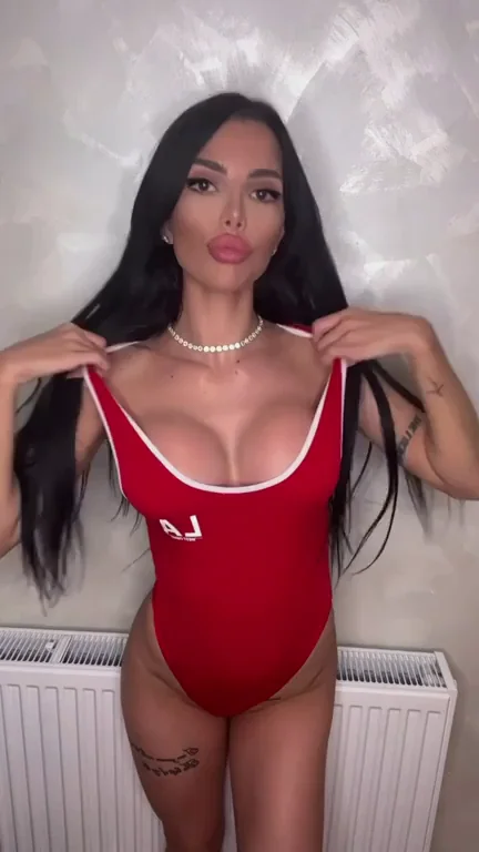 Bimbo Guardian Angel's Slutty Red Swimsuit Tease