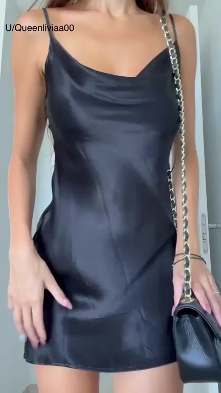 Slipping Off the Silky Black Dress Tease