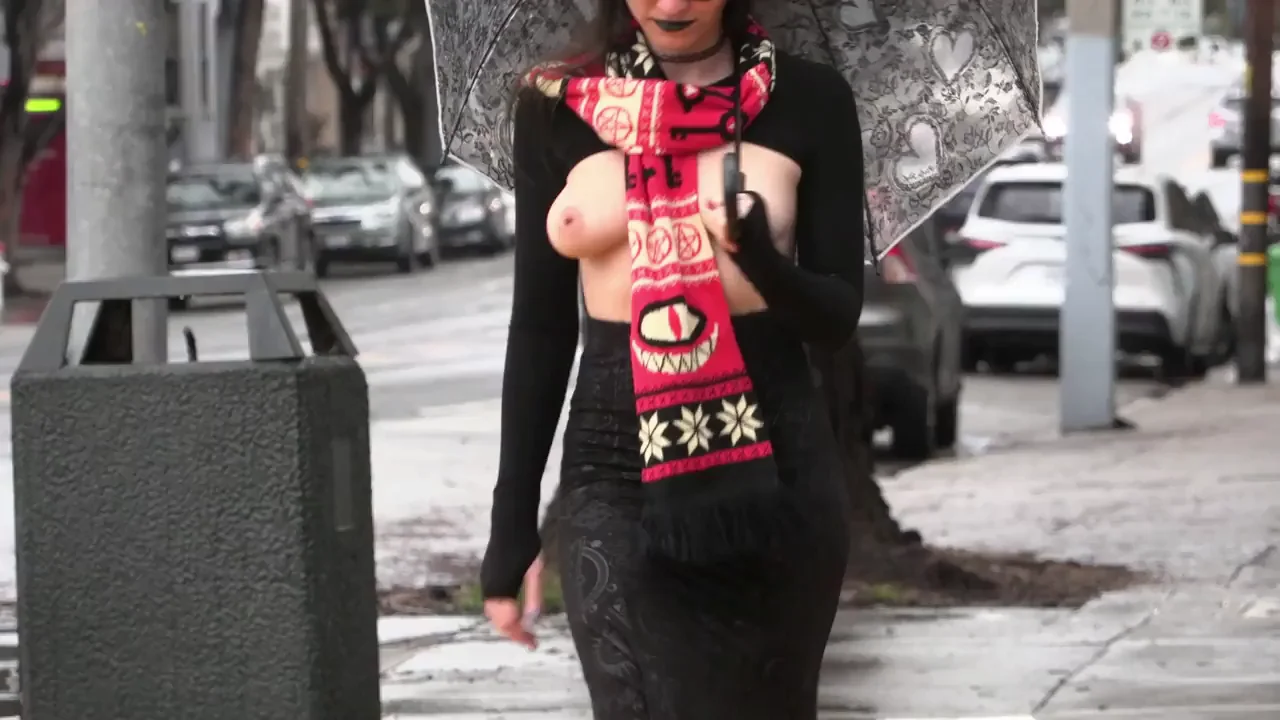 Rain-Soaked Slut Struts Stylish and Bare Tits in Public