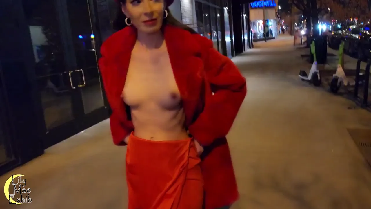 Slutty Street Dare: Red Coat Hottie Strips Buck Naked in Traffic!